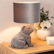 Picture of Vintage Bulldog Bedside Grey Velvet Lamp with Drum Lampshade for Bedrooms, Living Rooms