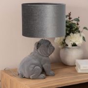 Picture of Vintage Bulldog Bedside Grey Velvet Lamp with Drum Lampshade for Bedrooms, Living Rooms