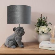 Picture of Vintage Bulldog Bedside Grey Velvet Lamp with Drum Lampshade for Bedrooms, Living Rooms