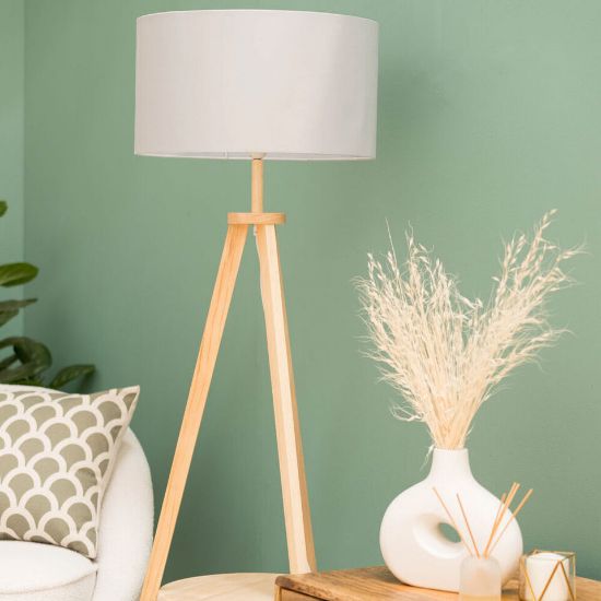 Picture of Wooden Tripod Floor Lamp with Integrated Shelf and LED Bulb