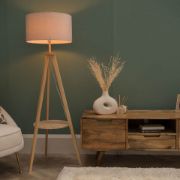 Picture of Wooden Tripod Floor Lamp with Integrated Shelf and LED Bulb