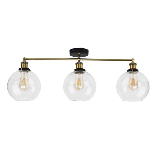 Picture of Metal Ceiling Light Fitting Clear Glass Globe Shades Industrial 3 Way Lighting