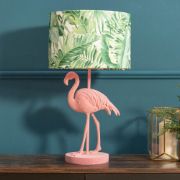 Picture of Pink Velvet Flamingo Table Lamp with Tropical Palm Leaf Shade and LED Bulb