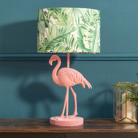 Picture of Pink Velvet Flamingo Table Lamp with Tropical Palm Leaf Shade and LED Bulb