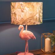 Picture of Pink Velvet Flamingo Table Lamp with Tropical Palm Leaf Shade and LED Bulb