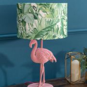 Picture of Pink Velvet Flamingo Table Lamp with Tropical Palm Leaf Shade and LED Bulb