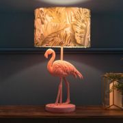 Picture of Pink Velvet Flamingo Table Lamp with Tropical Palm Leaf Shade and LED Bulb