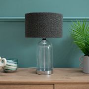 Picture of Chrome-based Glass Table Lamp with Boucle Lampshade Ideal for Living Rooms and Bedrooms