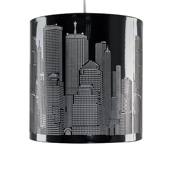 Picture of Gloss Black Lampshade Pendant Ceiling Light With New York City Skyline Cut-Out