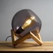 Picture of Modern Wooden Table Lamp with Smoked Glass Lampshade and LED Bulb for Bedroom Lighting