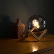 Picture of Modern Wooden Table Lamp with Smoked Glass Lampshade and LED Bulb for Bedroom Lighting