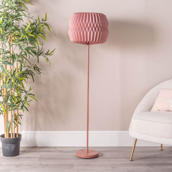 Picture of Origami-Inspired Pink Metal Floor Lamp with Folded Paper Lampshade