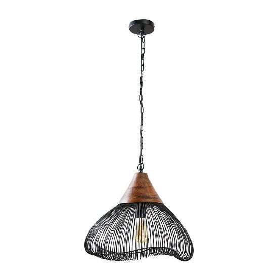 Picture of Modern Metal and Wood Wire Pendant Light Fixture with Large Black Ceiling Mount