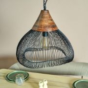 Picture of Modern Metal and Wood Wire Pendant Light Fixture with Large Black Ceiling Mount