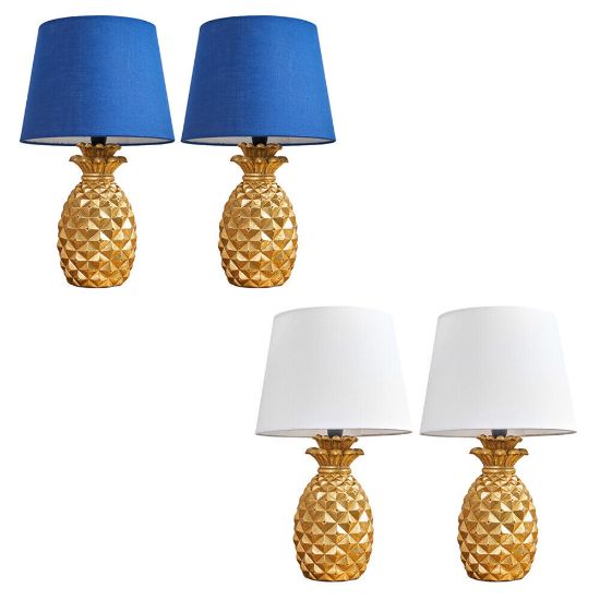 Picture of Pair of Gold Pineapple Table Lamps With LED Tapered Shades For Bedside or Living Room Lighting