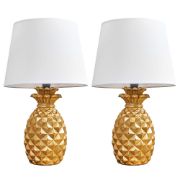 Picture of Pair of Gold Pineapple Table Lamps With LED Tapered Shades For Bedside or Living Room Lighting