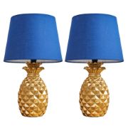 Picture of Pair of Gold Pineapple Table Lamps With LED Tapered Shades For Bedside or Living Room Lighting