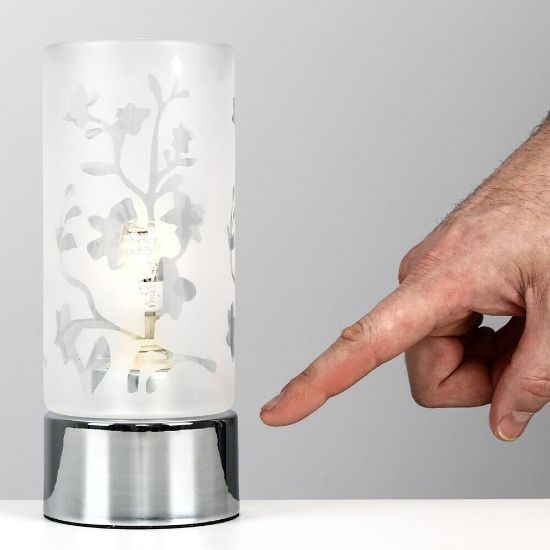 Picture of Floral Touch Table Lamp With Dimmer, Chrome Base And 19CM Glass Shade For Bedside Or Lounge