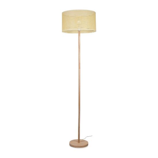 Picture of XL Wicker Effect Drum Lampshade Wooden Stem Floor Lamp with LED Bulb