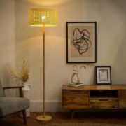 Picture of XL Wicker Effect Drum Lampshade Wooden Stem Floor Lamp with LED Bulb