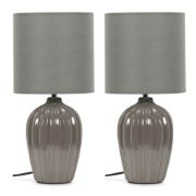 Picture of Pair of Grey Fluted Ceramic Table Lamps Fabric Lampshades Bedside Bedroom Lights with bulb