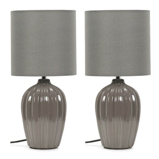 Picture of Pair of Grey Fluted Ceramic Table Lamps Fabric Lampshades Bedside Bedroom Lights with bulb