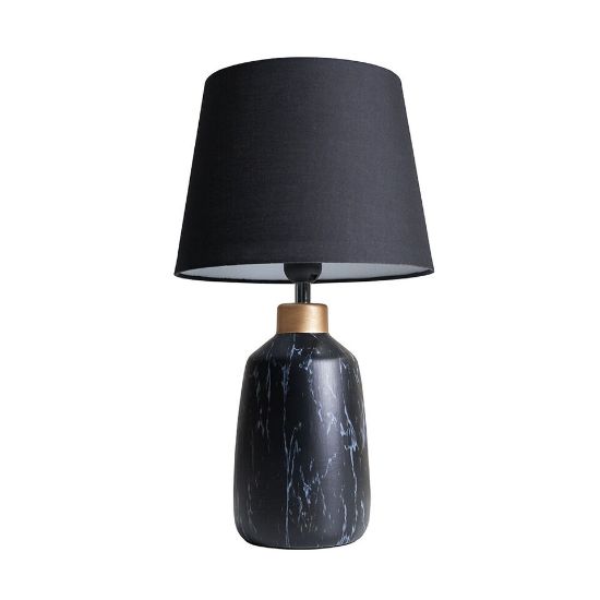 Picture of Contemporary Copper-Capped Table Lamp: Black Marble Base with Fabric Shade and LED Bulb