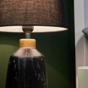 Picture of Contemporary Copper-Capped Table Lamp: Black Marble Base with Fabric Shade and LED Bulb