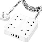 Picture of Extension Lead with 4 Way Outlets, 3250W 13A Power Strip, 1.8M Braided Extension Cord, 1 USB-C and 3 USB Slots, Multi Power Plug Extension for Home and Office, White