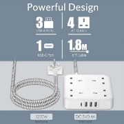 Picture of Extension Lead with 4 Way Outlets, 3250W 13A Power Strip, 1.8M Braided Extension Cord, 1 USB-C and 3 USB Slots, Multi Power Plug Extension for Home and Office, White