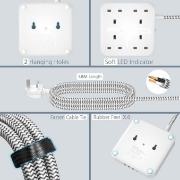 Picture of Extension Lead with 4 Way Outlets, 3250W 13A Power Strip, 1.8M Braided Extension Cord, 1 USB-C and 3 USB Slots, Multi Power Plug Extension for Home and Office, White