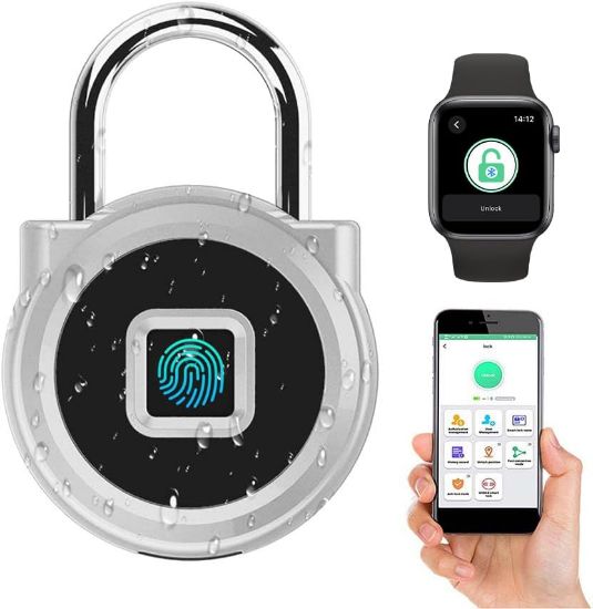 Picture of Gym Locker Padlock Fingerprint or App Unlock via Phone iOS Watch, Unlock Record, Schedule, Waterproof, Security Keyless Smart Lock