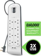 Picture of Extension Lead with USB Slots x 2 (2.4 A Shared), 8 Way/8 Plug Extension, 2m Surge Protected Power Strip - White