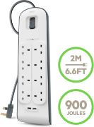 Picture of Extension Lead with USB Slots x 2 (2.4 A Shared), 8 Way/8 Plug Extension, 2m Surge Protected Power Strip - White