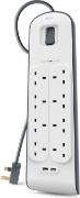 Picture of Extension Lead with USB Slots x 2 (2.4 A Shared), 8 Way/8 Plug Extension, 2m Surge Protected Power Strip - White