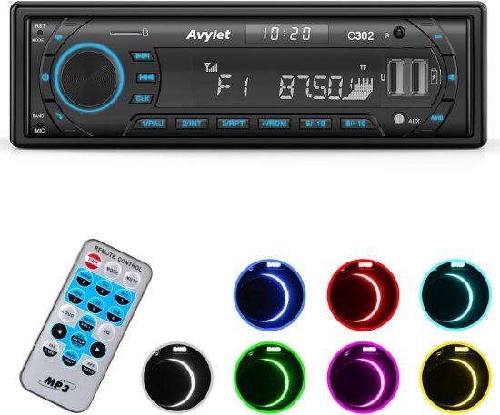 Picture of Bluetooth 5.0 Car Radio, Car Stereo Handsfree Calling Stereo & Clock, FM/AM Radio USB/AUX in/MP3/SD MP3 Player, 7 LED Colors