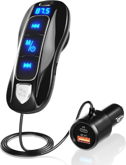 Picture of  Bluetooth 5.3 FM Transmitter, Bluetooth Adapter Car Radio Audio Transmitter with QC3.0 PD 30W USB Port, 1.1M Cable