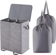 Picture of Double Laundry Hamper with Lid and Removable Laundry Bags, Large Collapsible 2 Dividers Dirty Clothes Basket