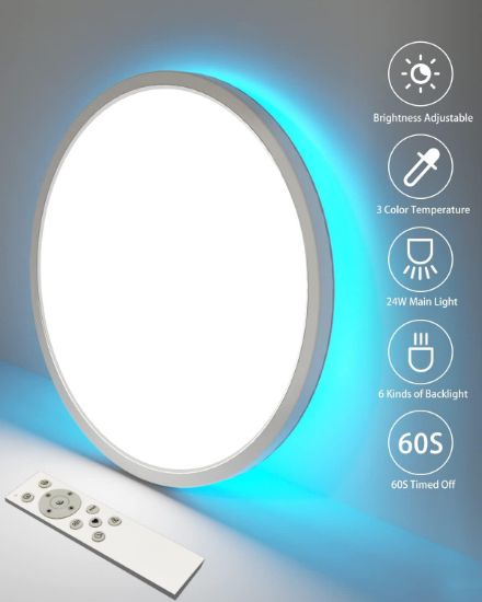 Picture of LED Flush Ceiling Light with RGB Backlight, Remote Control 24W 2350LM Bathroom Light IP54 Waterproof