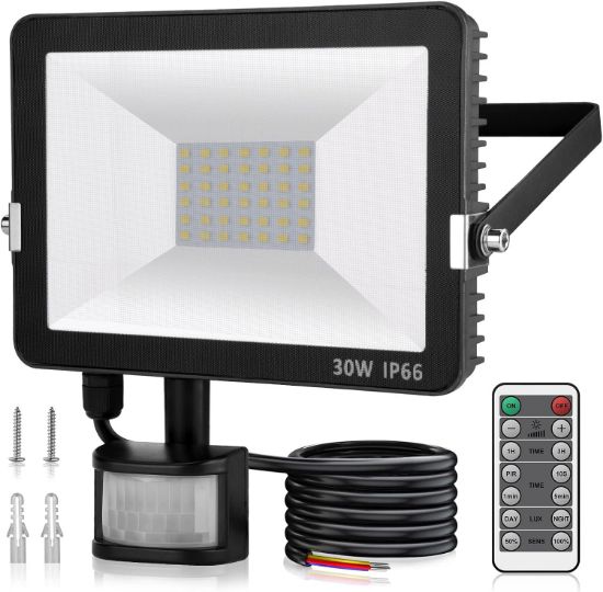 Picture of 30W LED Security Floodlight with PIR Motion Sensor & IR Remote, 3000LM Cool White Outdoor Light, IP66 Waterproof